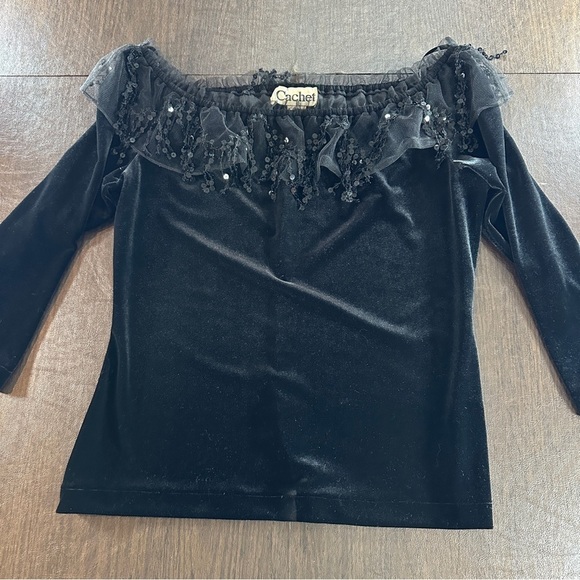 Cachet Tops - Cachet Black Velvet Off-Shoulder Blouse with Lace And Sequin Collar. Sz XL